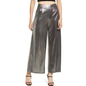 Lulus Metallic Silver Wide-Leg Cropped Pants Size M 96% Polyester & 4% Spandex